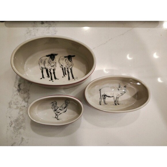 Creative Co-op M Chad Barrett Sheep Pig Rooster Bowl Farmhouse Nesting Ramekins - Picture 1 of 13